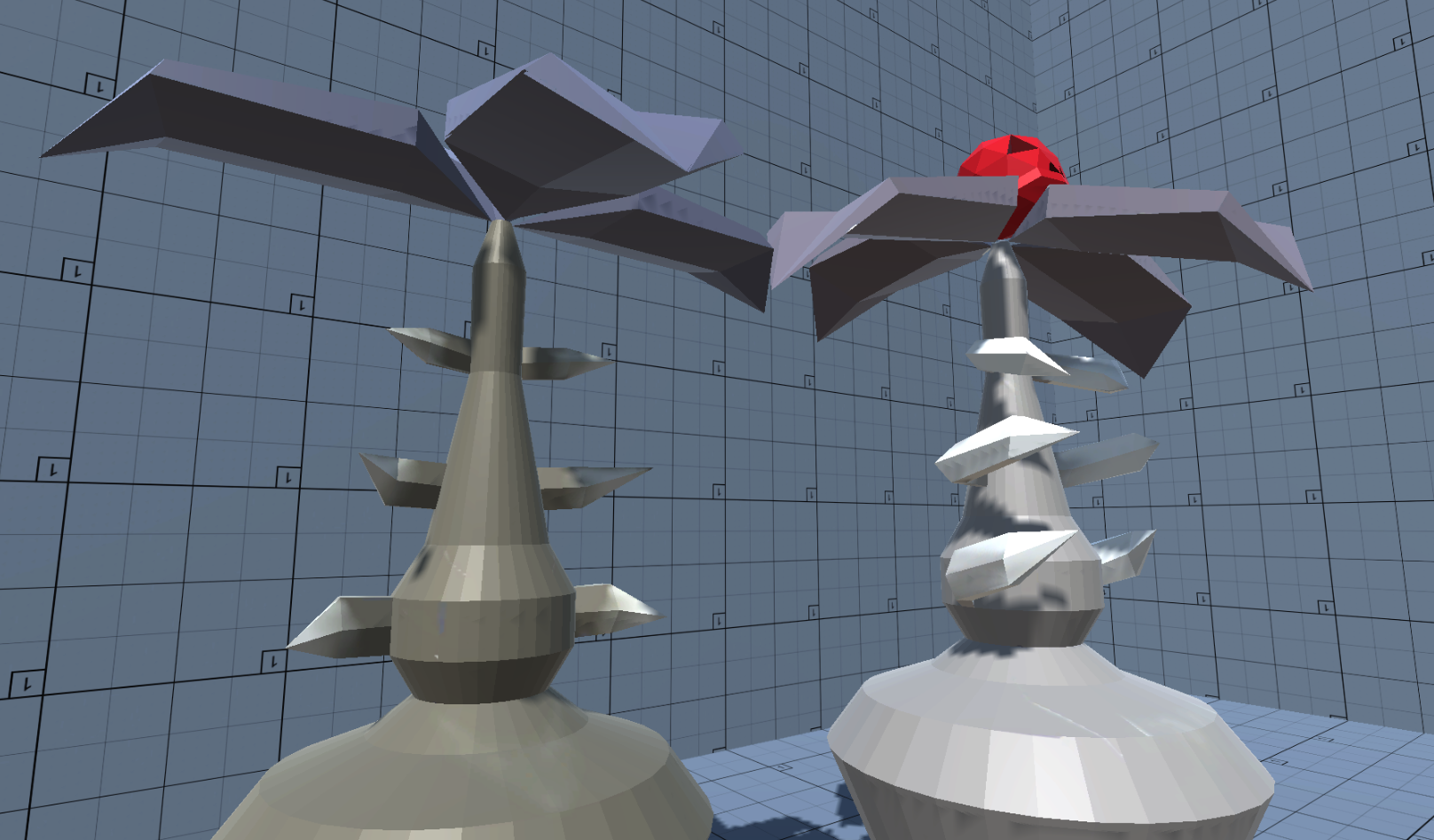 a lower point-of-view of the discolored sapling and dead tree 3D low-poly plant models.